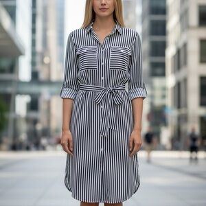 Mlle Gabrielle Black and White Striped Long Sleeve Dress